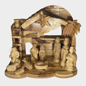 VTG Nativity Set 12 Pc Musical Artisan Carved Olive Wood Creche Holy Family 11"W